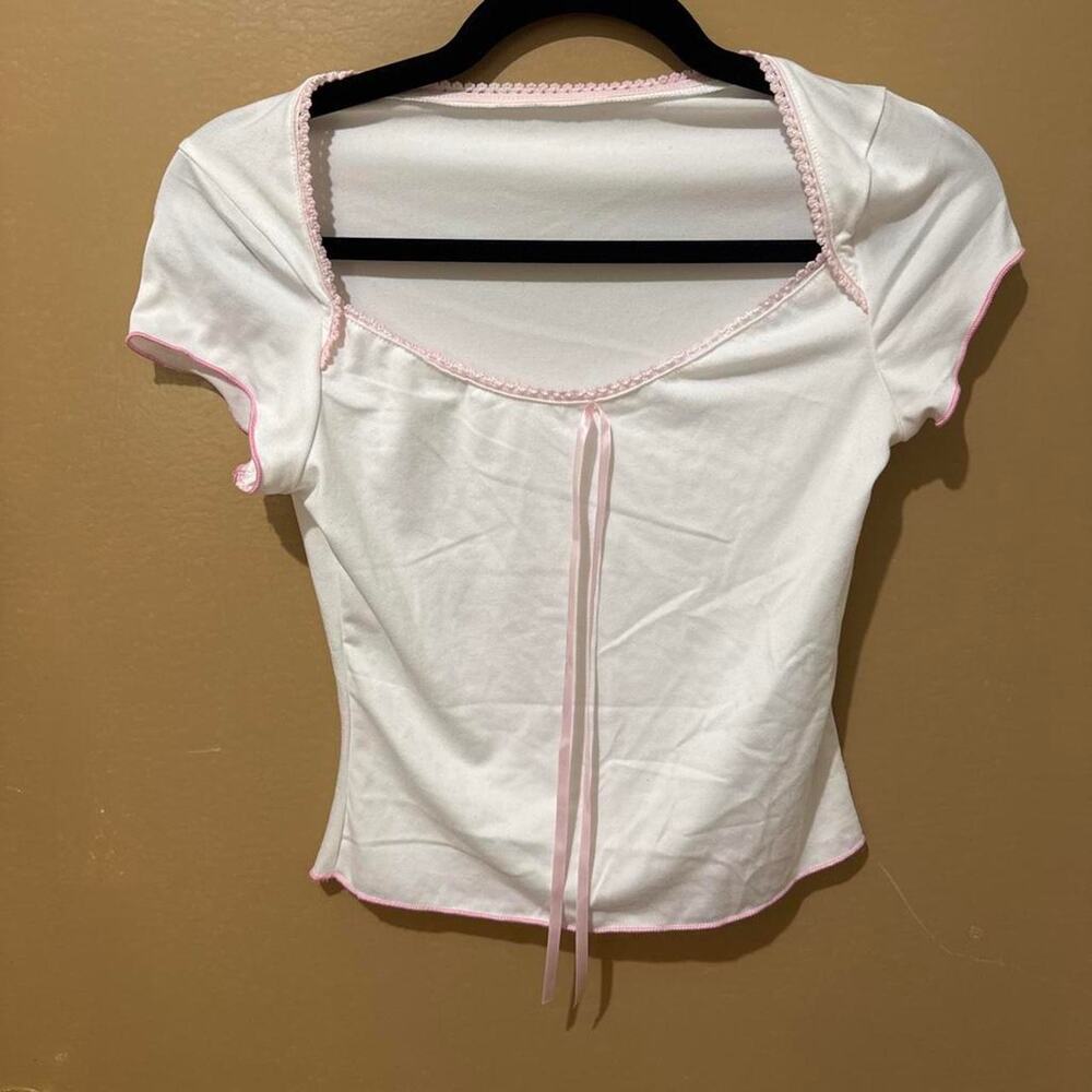 ROMWE Babydoll Top Pink Trim Ribbon – White XS
